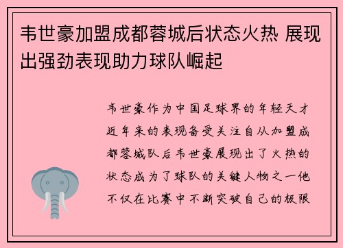 韦世豪加盟成都蓉城后状态火热 展现出强劲表现助力球队崛起